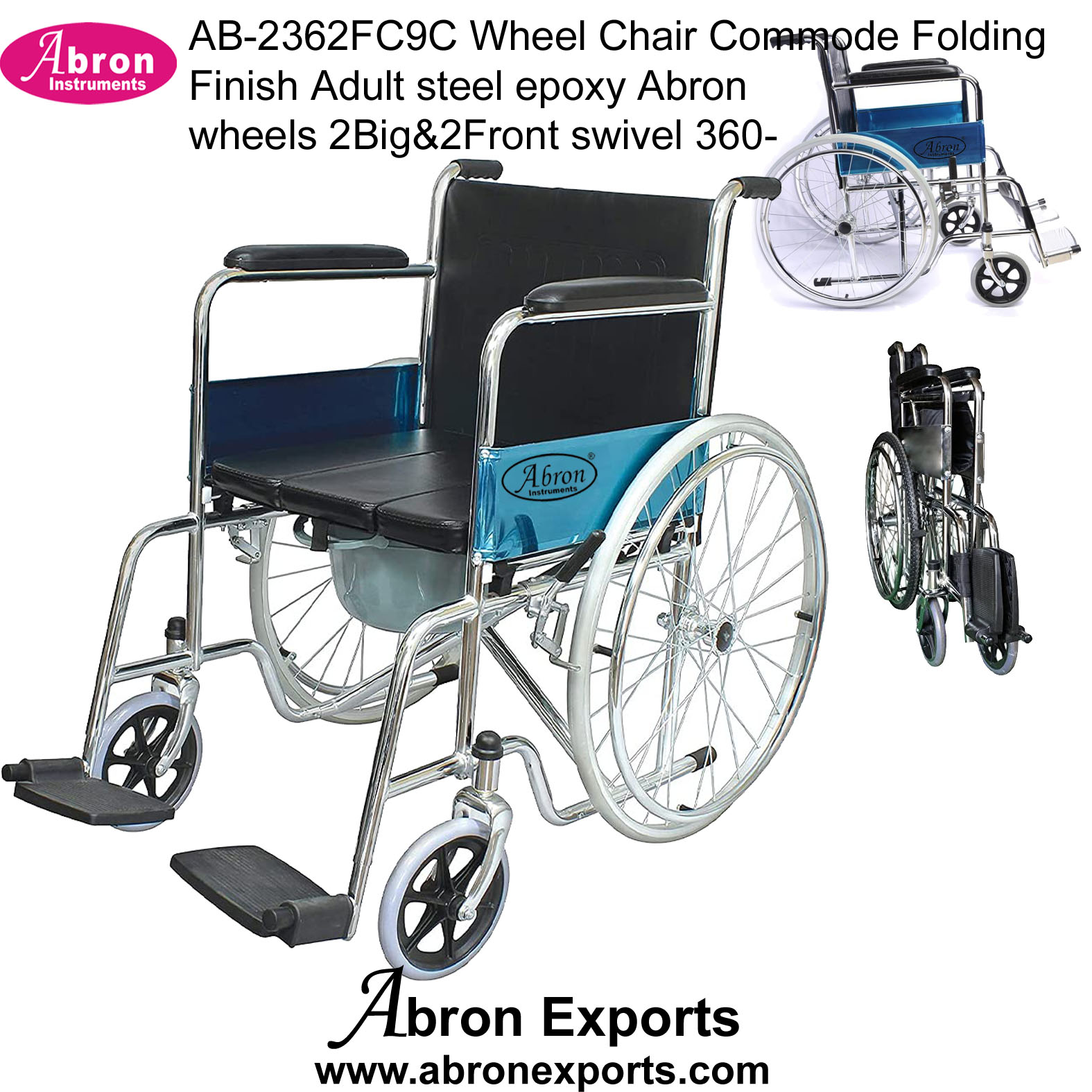 Wheel Chair Black Folding with commode Adult steel epoxy wheels 2big & 2front swivel 360 swing feets excellent seat arm rest Abron ABM-2362FC